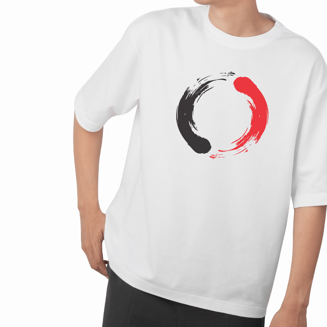 Minimalist Graphic Tee with Zen brushstroke circle design in black and red