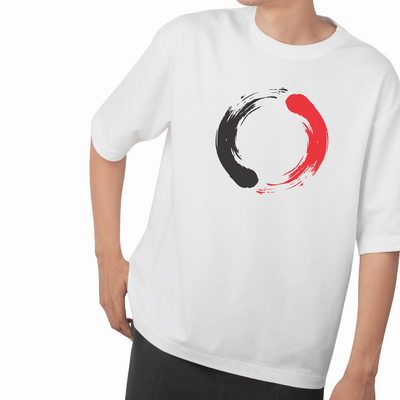 Minimalist Graphic Tee with Zen brushstroke circle design in black and red