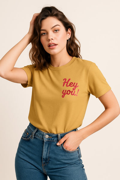 Bold Graphic Tee with Hey You text design in cotton