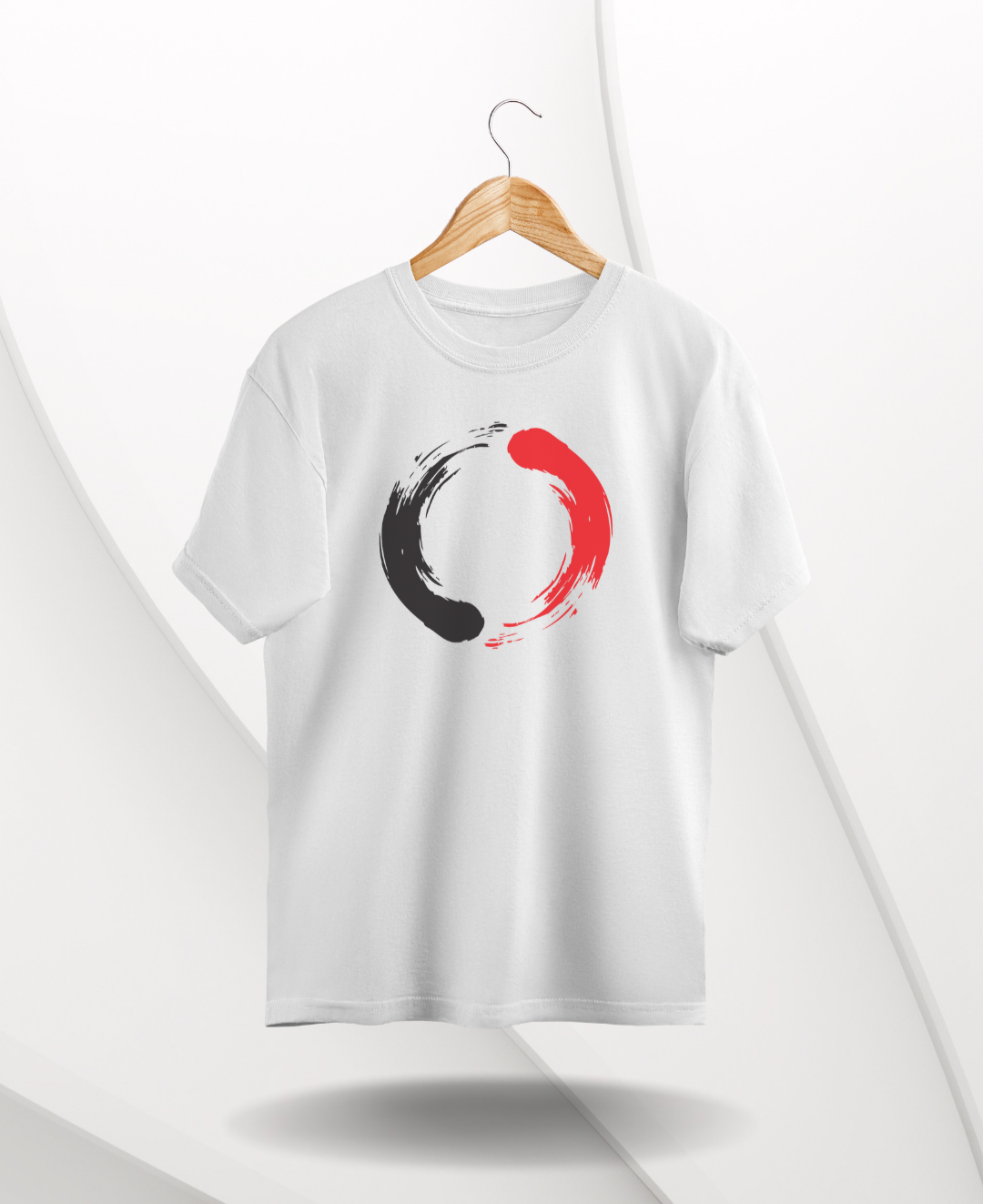 White Minimalist Graphic Tee with abstract black and red circle